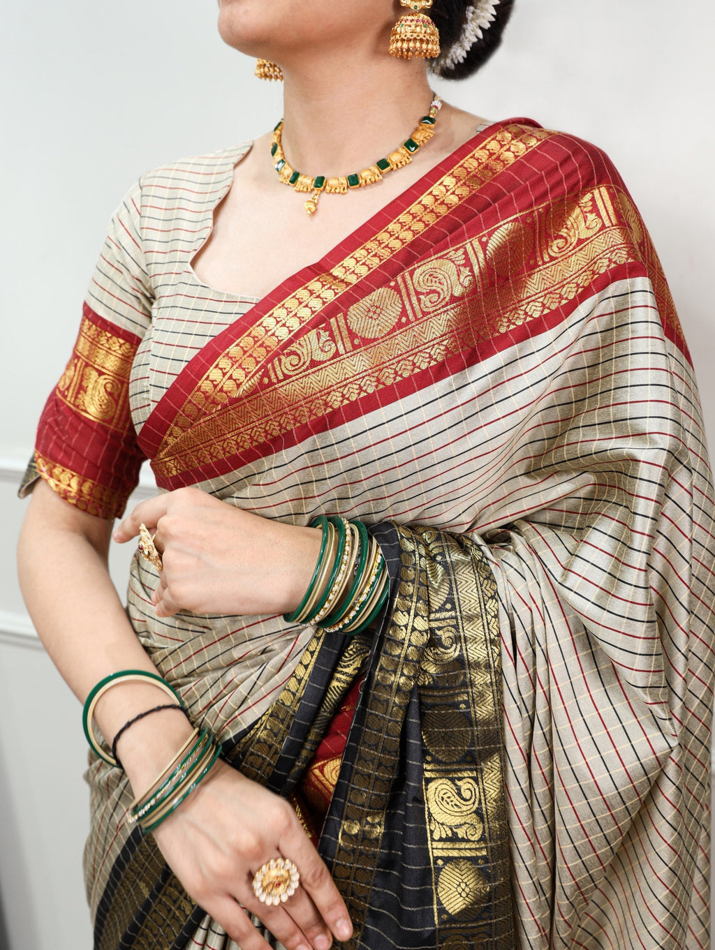 Gray Silk Checks Border Saree