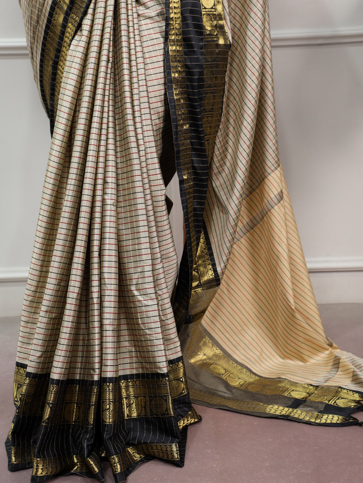 Gray Silk Checks Border Saree