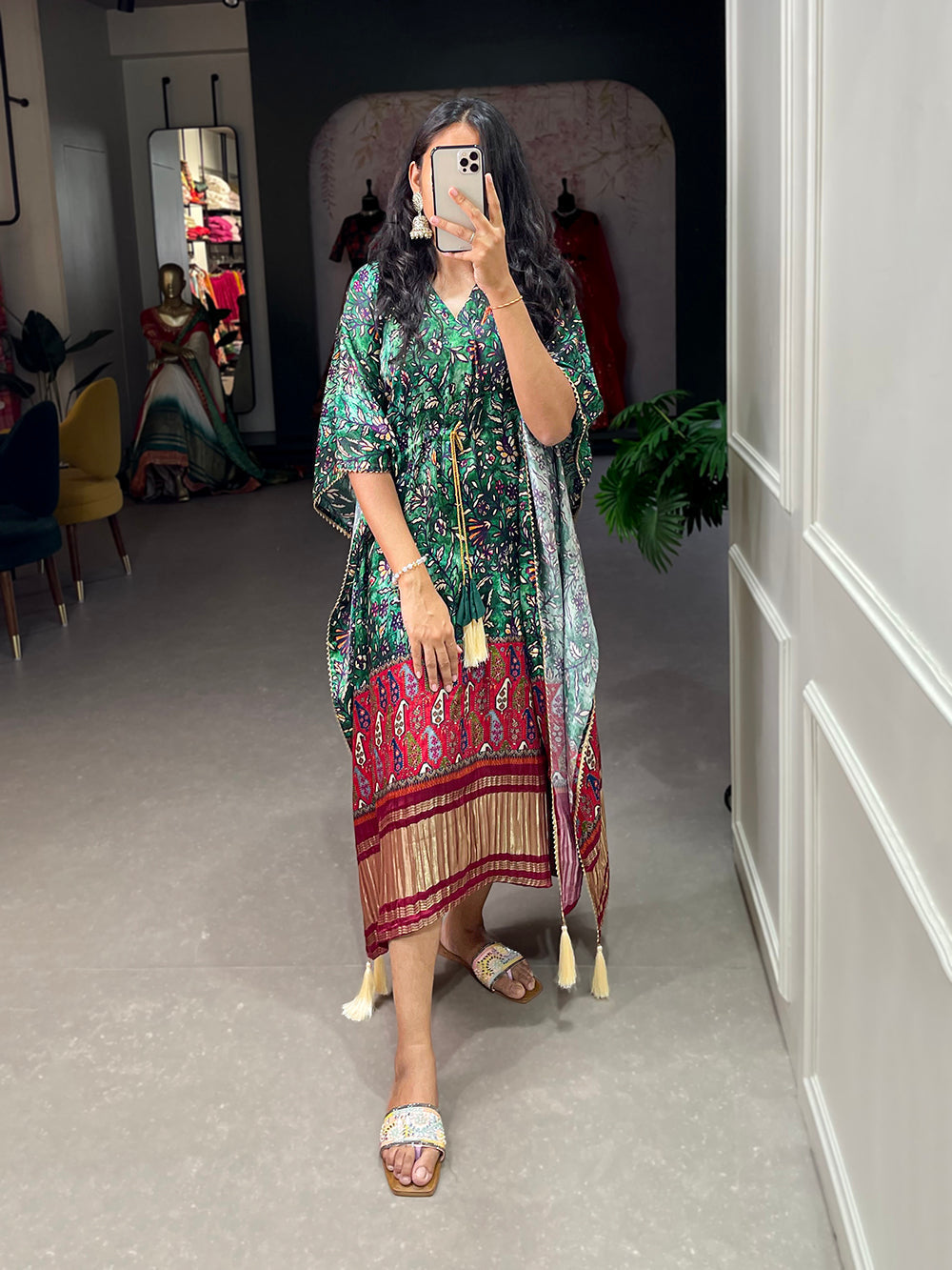 Green Color Digital Printed Gaji Silk Kaftan