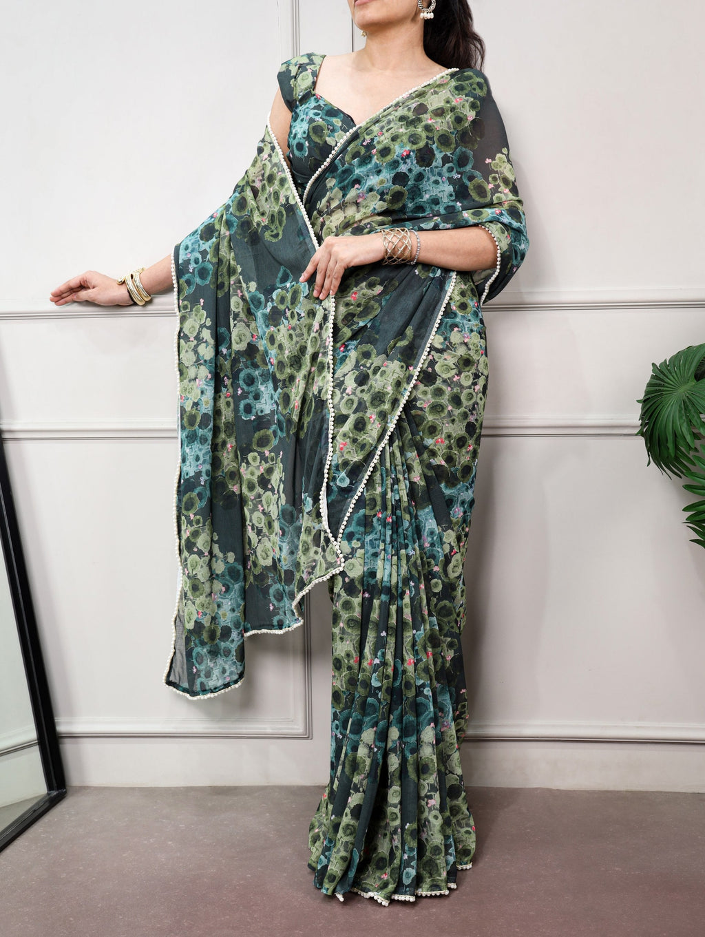 Green Floral Marble Drape Saree