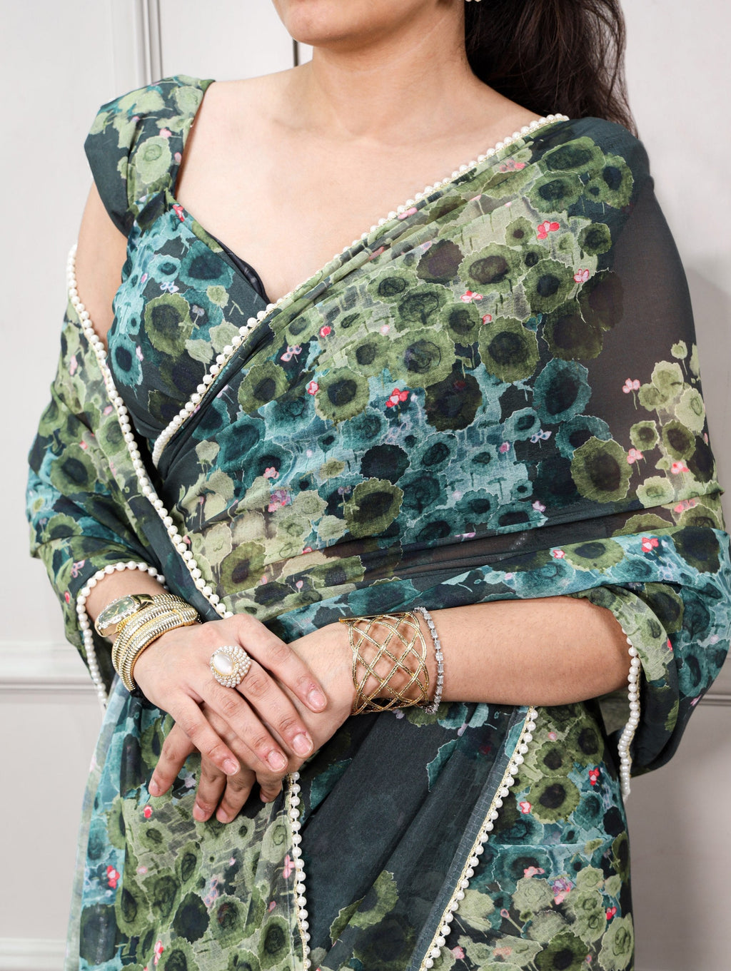 Green Floral Marble Drape Saree