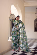 Green Floral Printed Weightless Marble Saree with Pearl Lace Border