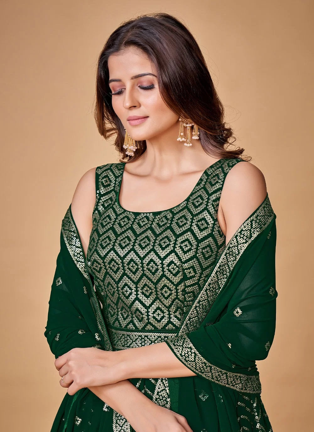 Green Georgette Sequins Work Readymade Gown
