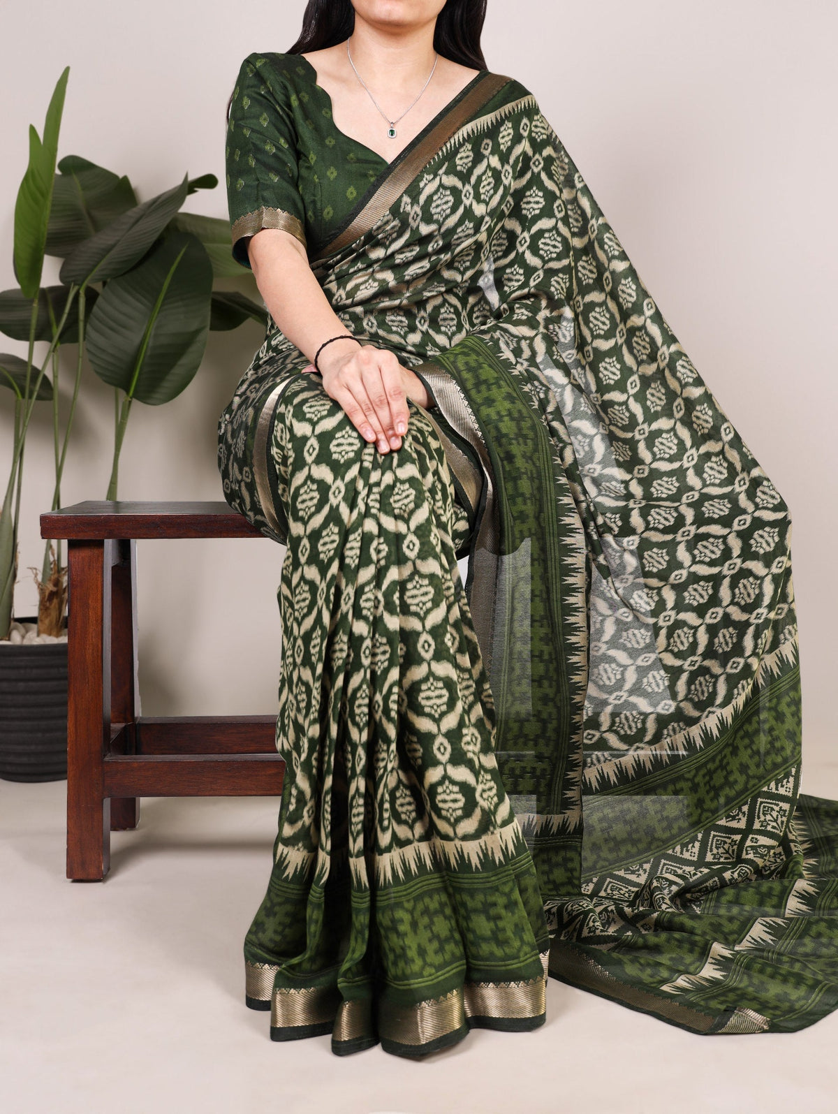 Green Ikkat Print Zari Border Saree