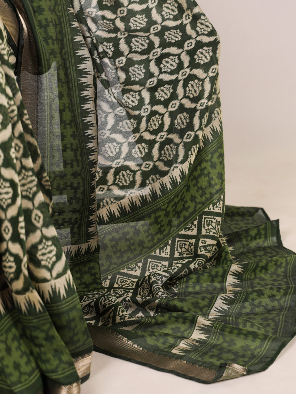 Green Ikkat Print Zari Border Saree