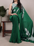 Green Satin Silk Floral Printed Saree with Matching Unstitched Blouse