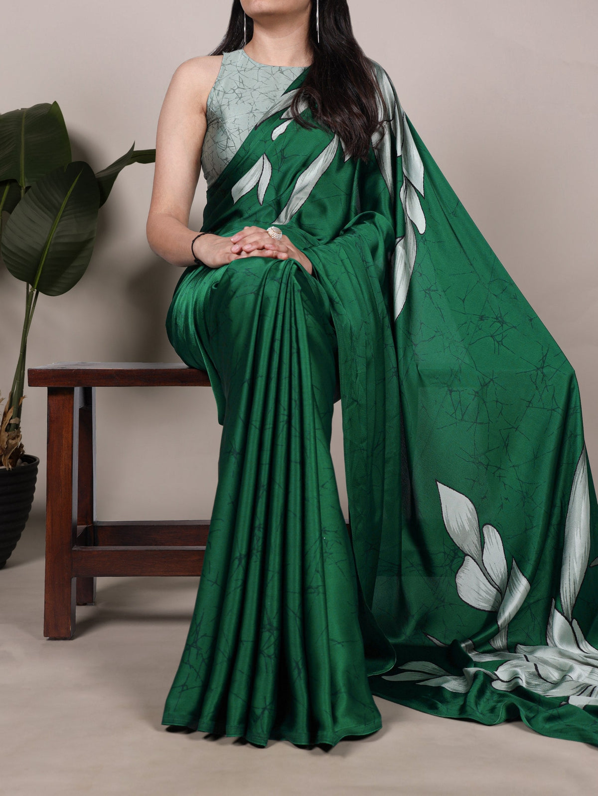 Green Satin Silk Floral Printed Saree with Matching Unstitched Blouse