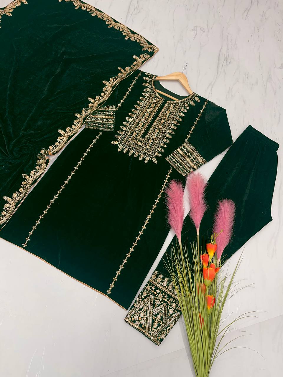 Green Stunning Look Collection - Elegant Velvet Ensemble