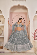 Grey Butterfly Net Lehenga with White Cotton Thread, Zari, and Sandwich Sequence Embroidery