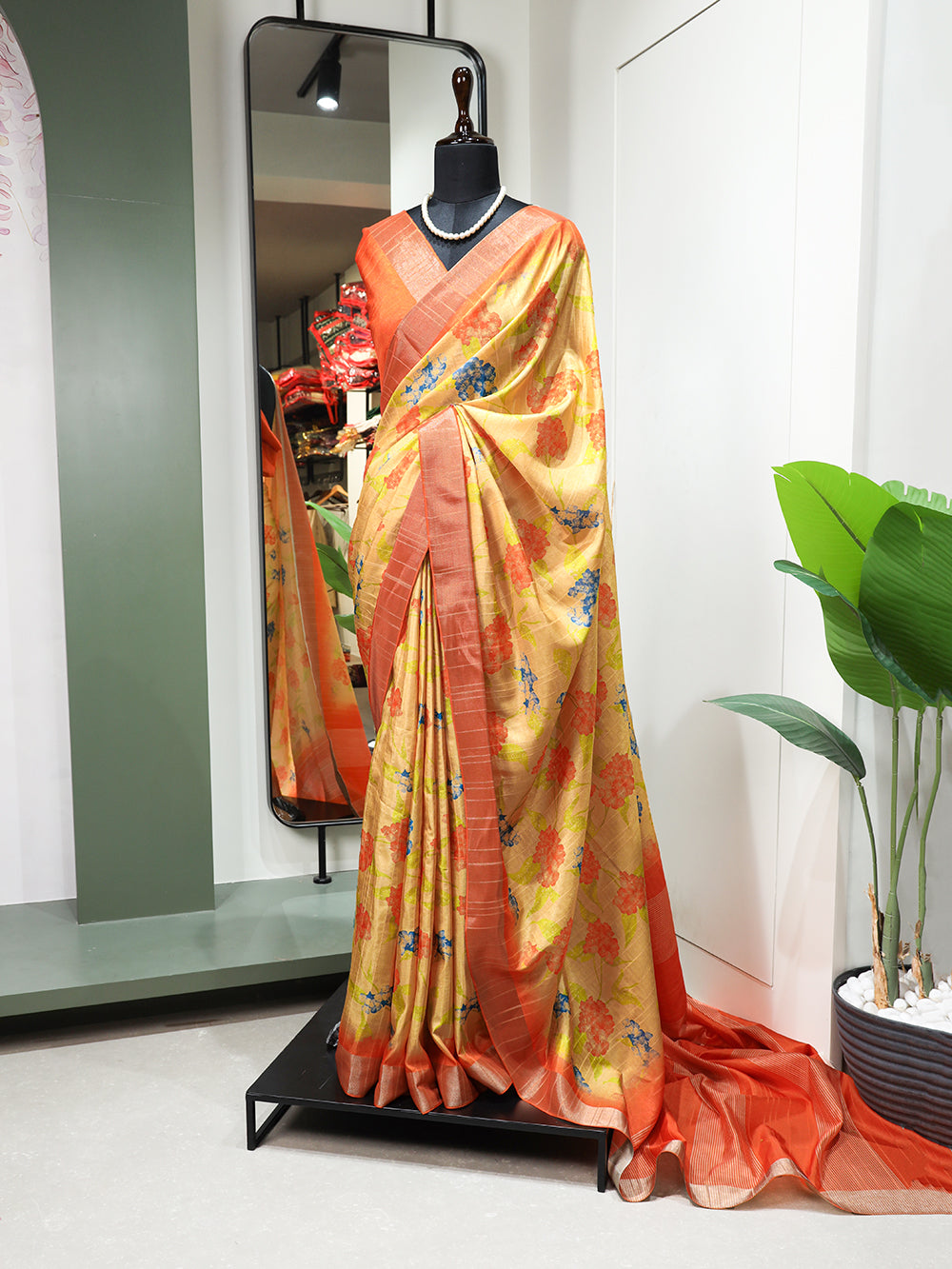 Orange Color Digital Printed Handloom Kotha Border Saree