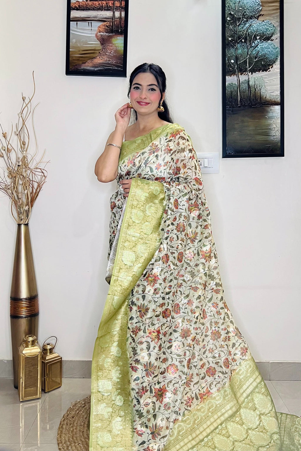 Pastel Green Saree in Banarasi Silk Floral Print