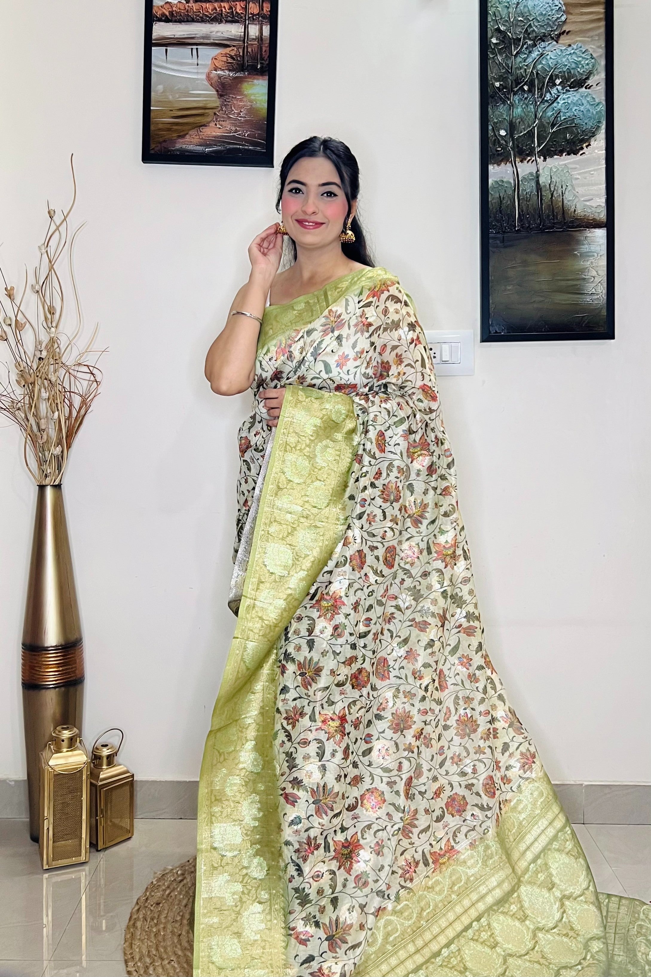 Pastel Green Saree in Banarasi Silk Floral Print