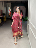 Maroon Color Digital Print With Gotta Patti Lace Border Gaji Silk Kaftan