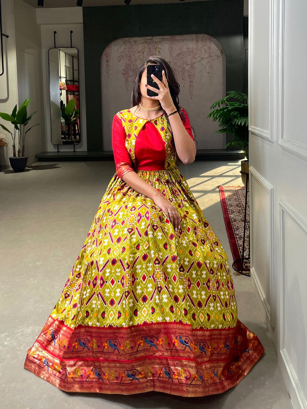 Mehendi Color Patola Paithani Printed And Foil Printed Silk Gown