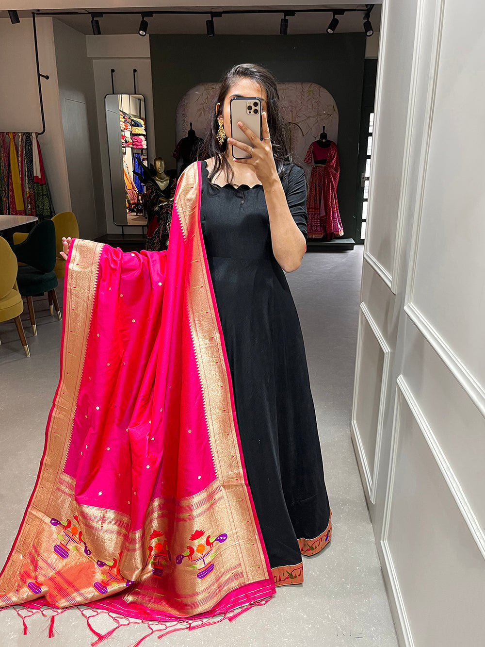 Black Color Plain With Zari Weaving Work Patta Chinon Dress