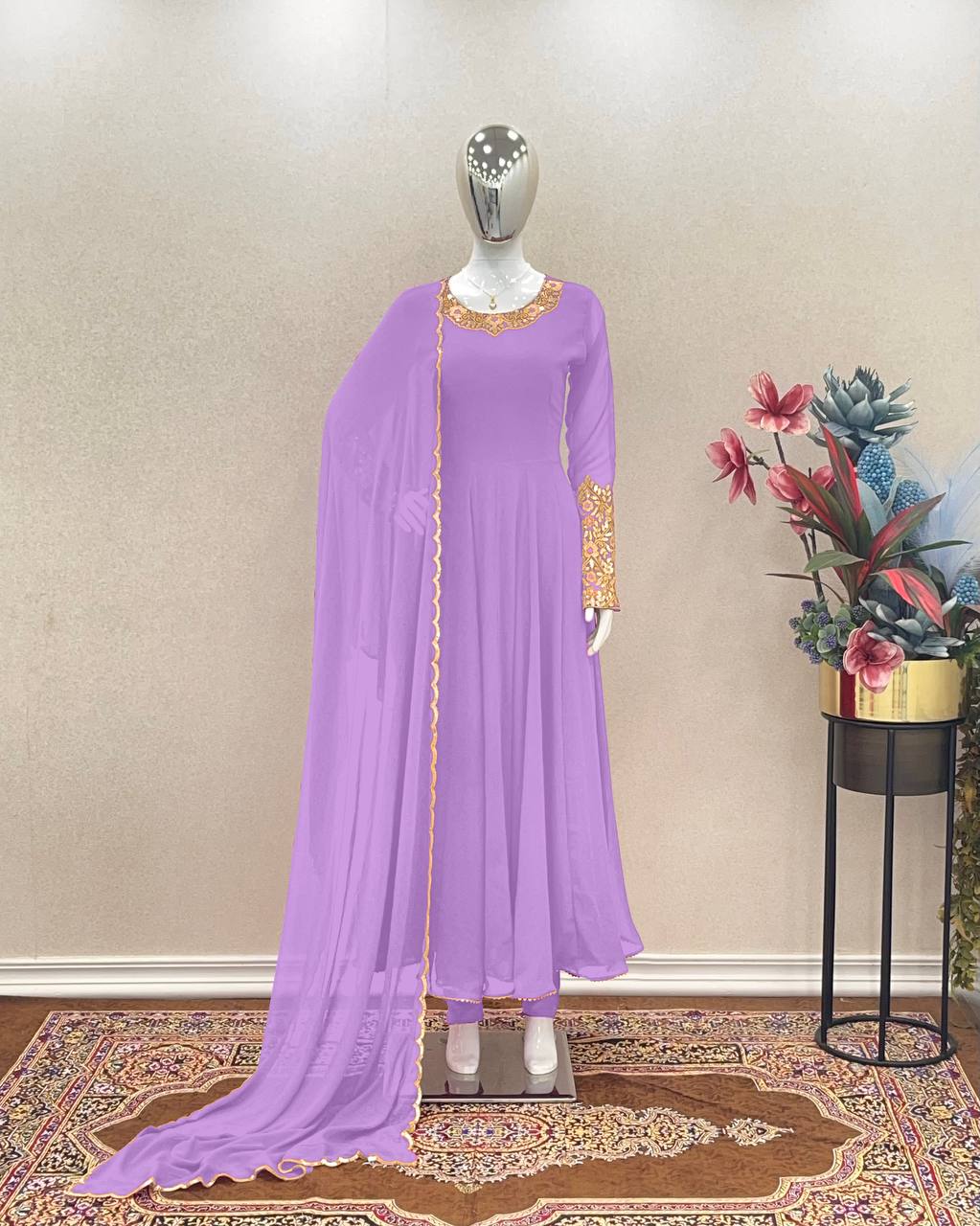 Lavender Premium Designer Party Wear Anarkali Gown, Dupatta & Bottom Set