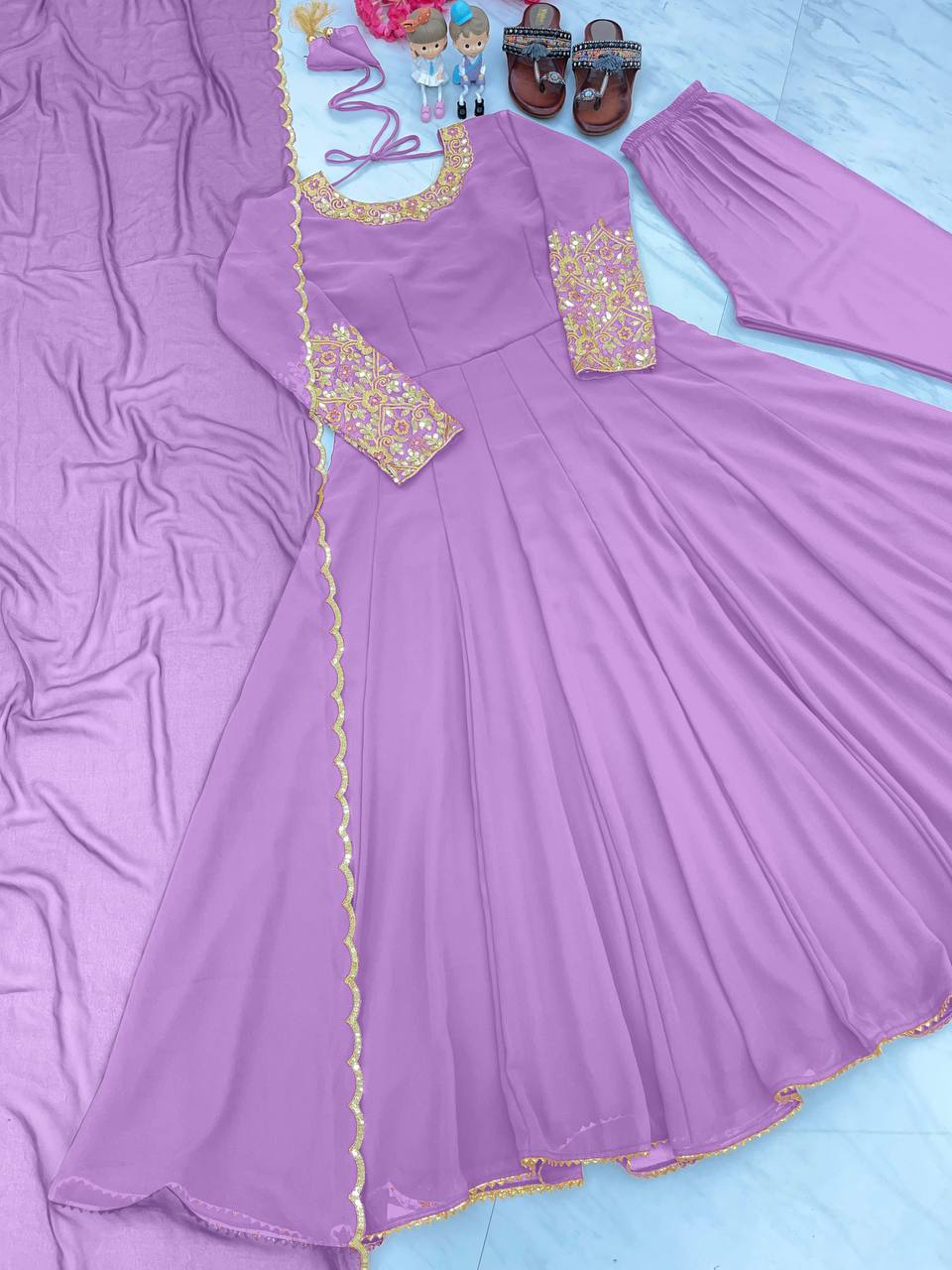 Lavender Premium Designer Party Wear Anarkali Gown, Dupatta & Bottom Set
