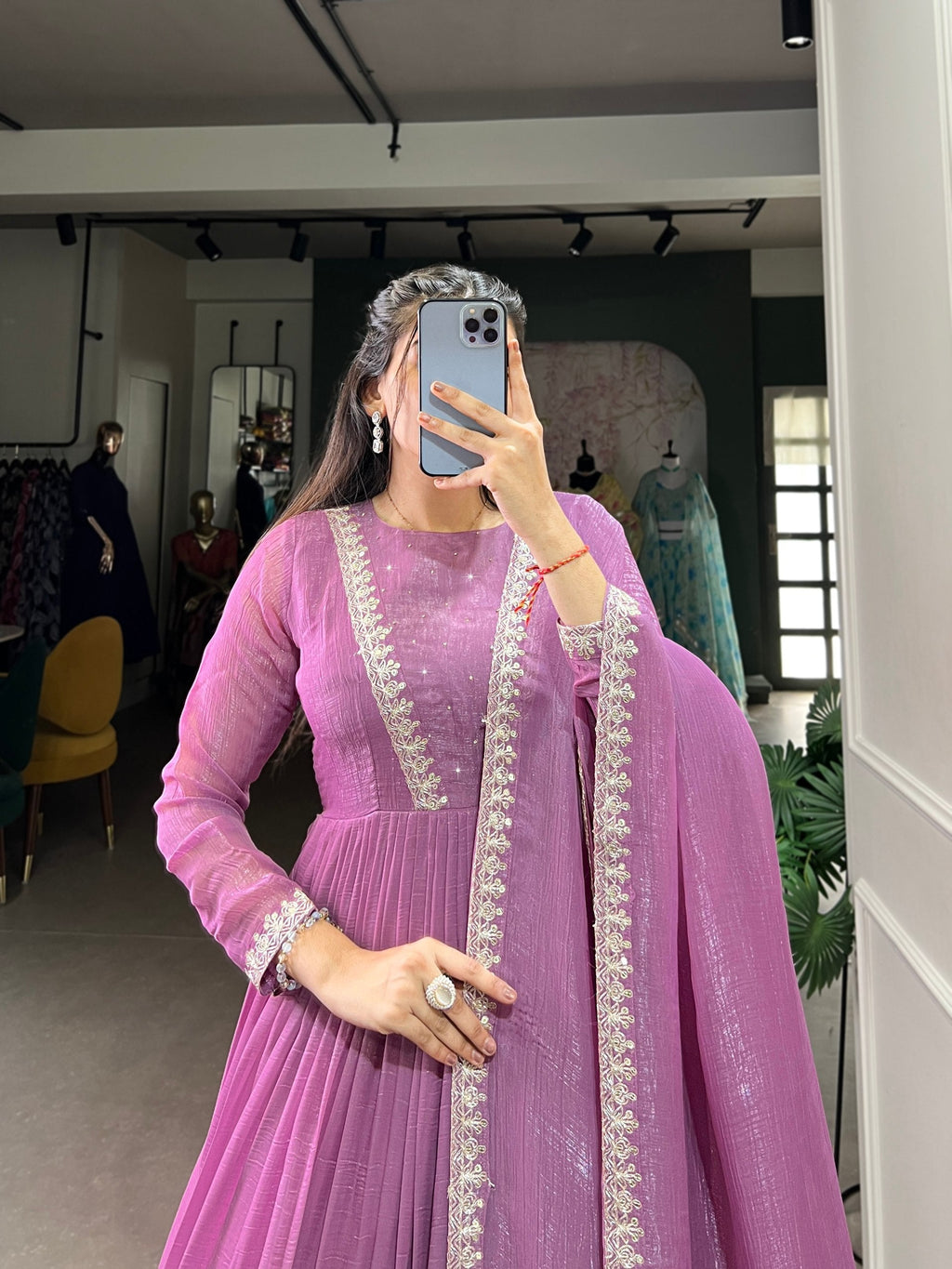 Lavender Radiant Silver Glory Shimmer Gown with Sequins & Embroidery Work Dupatta