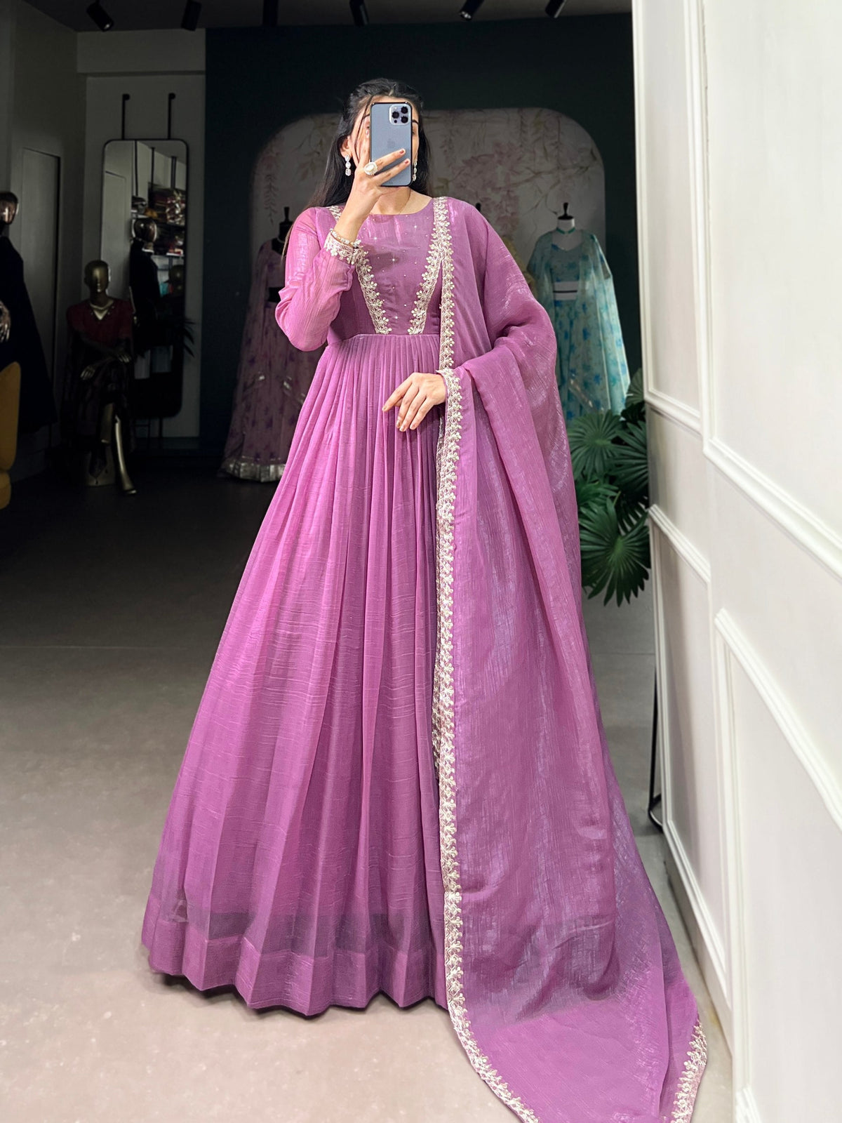 Lavender Radiant Silver Glory Shimmer Gown with Sequins & Embroidery Work Dupatta