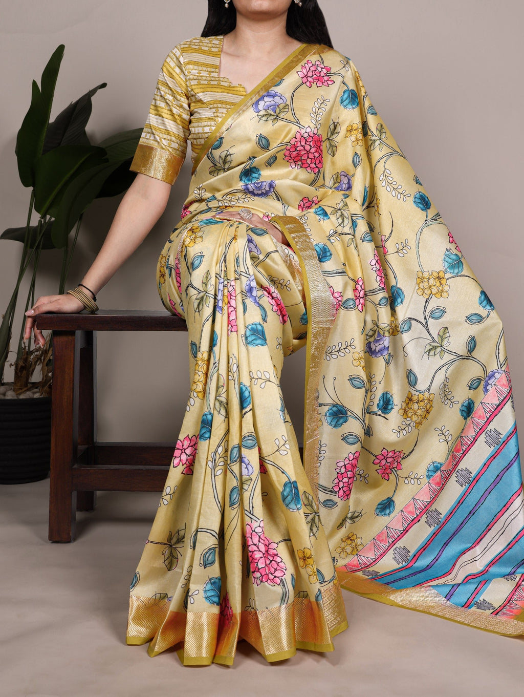 Lemon Elegant Tasar Silk Saree with Traditional Floral Print & Viscose Border – 5.5 Meter Saree with Unstitched Blouse