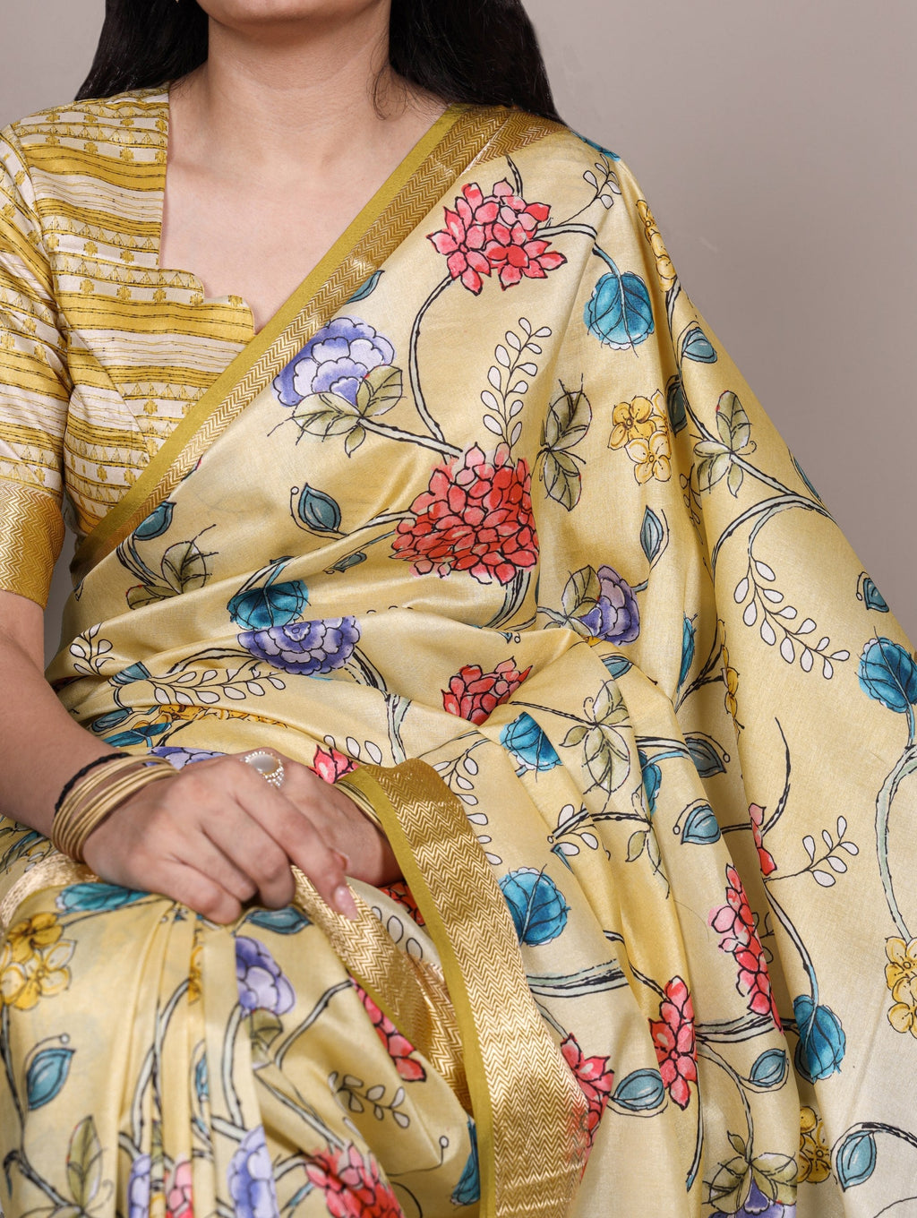 Lemon Elegant Tasar Silk Saree with Traditional Floral Print & Viscose Border – 5.5 Meter Saree with Unstitched Blouse