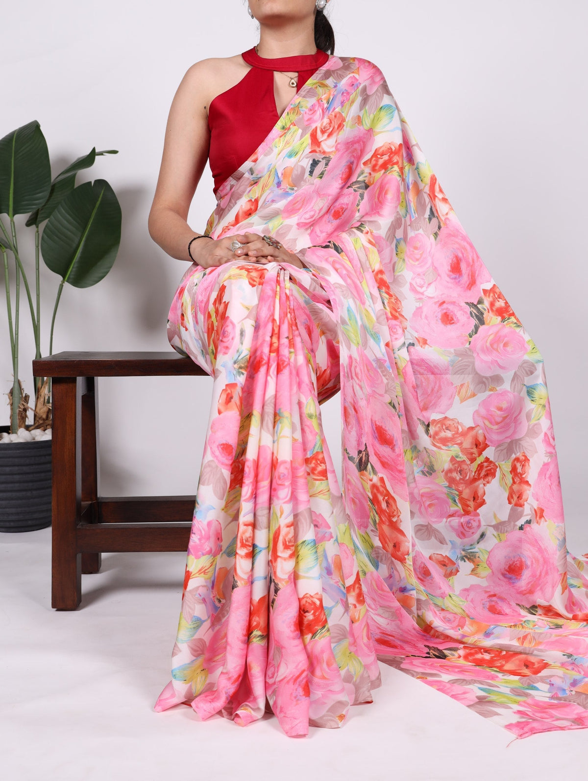 Light Pink Elegant Floral Printed Dull Satin Saree with Moonga Silk Blouse