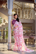 Light Pink Floral Print Weightless Marble Saree with Pearl Lace Border & Moonga Silk Blouse