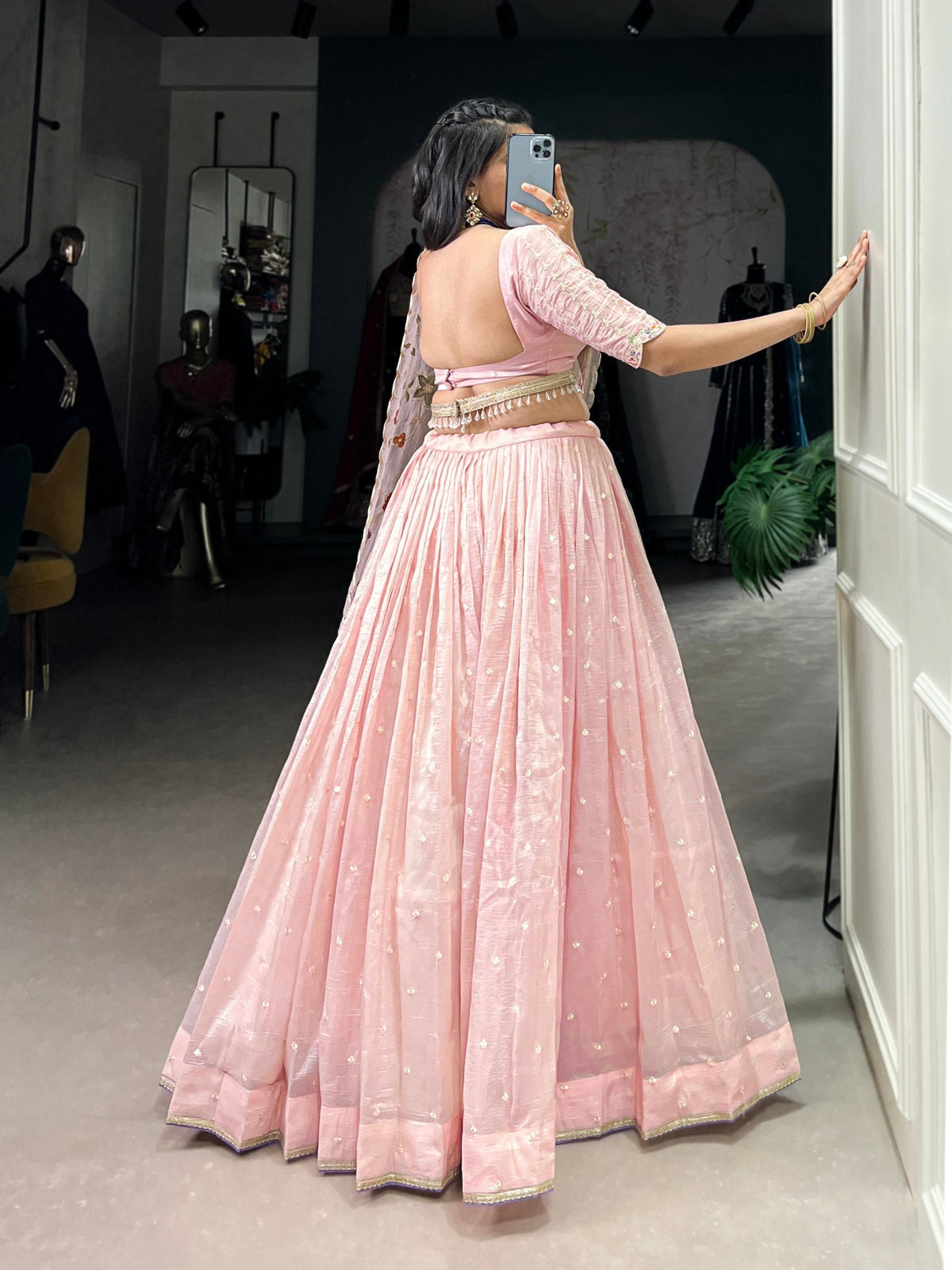 Light Pink Radiant Rose Gold Crush Lehenga Set – Elegance in Every Stitch