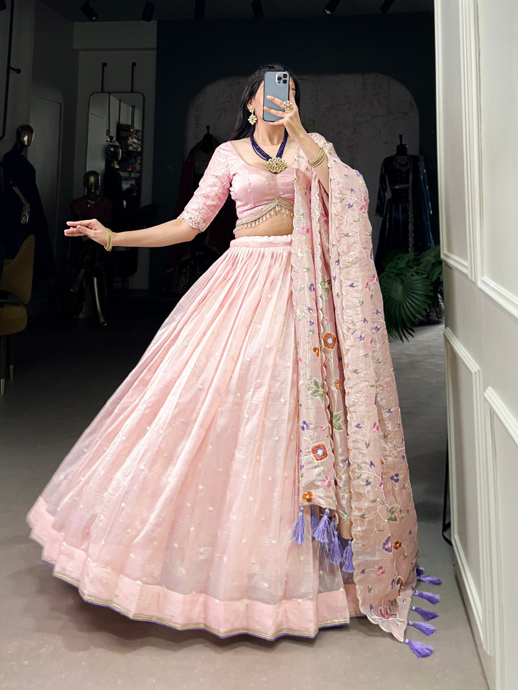 Light Pink Radiant Rose Gold Crush Lehenga Set – Elegance in Every Stitch