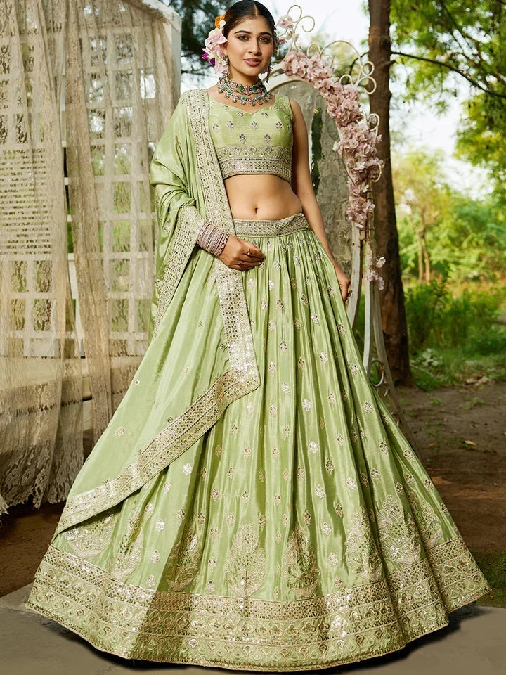 Lime Green Chinnon Semi-Stitched Lehenga Choli Set with Heavy Sequins & Embroidered Dupatta