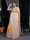 Orange Saree in Linen Silk with Silver Zari Woven and Big Border