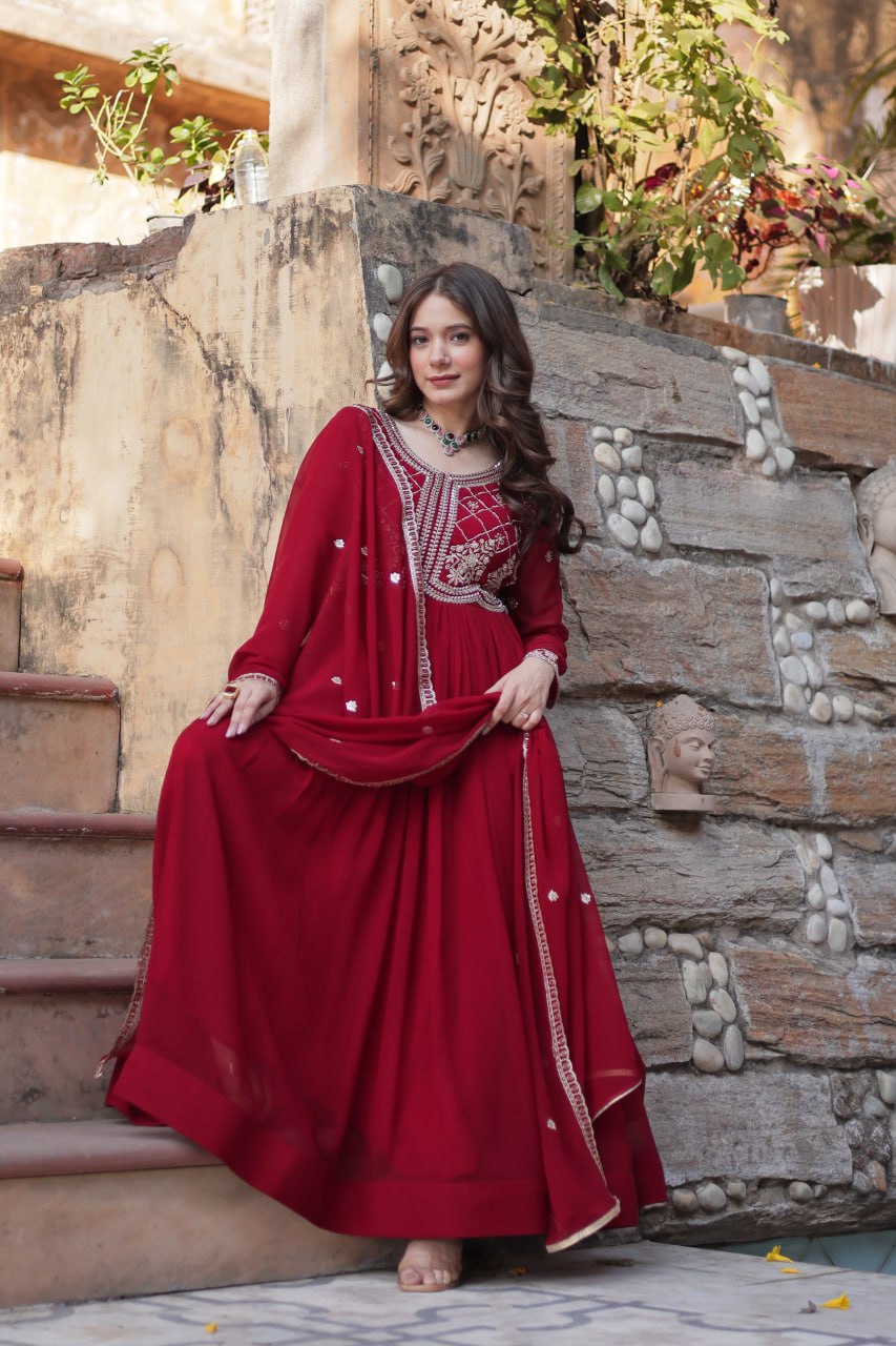 Maroon Designer Faux Blooming Gown with Sequins & Beads Embroidery