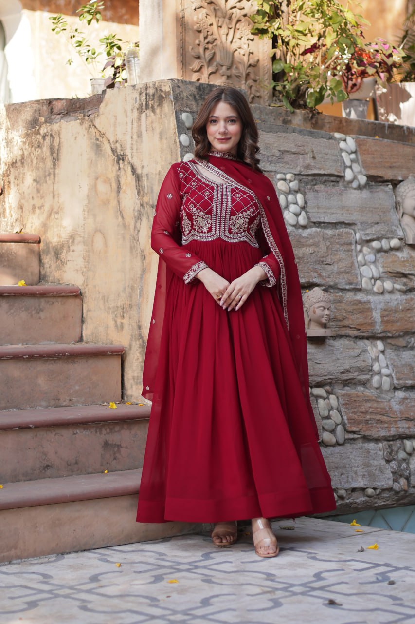 Maroon Designer Faux Blooming Gown with Sequins & Beads Embroidery
