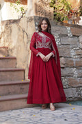 Maroon Designer Faux Blooming Gown with Sequins & Beads Embroidery