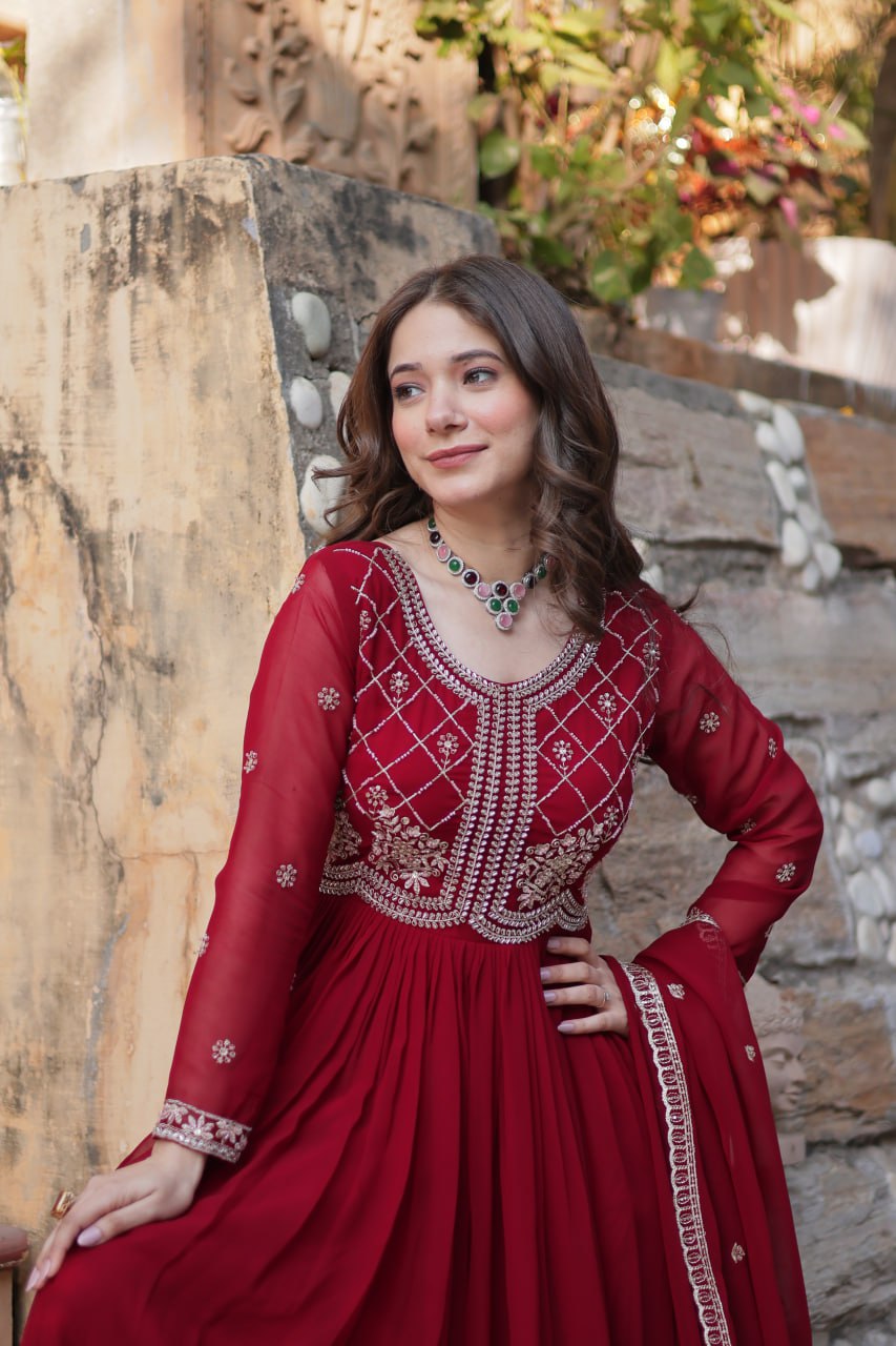 Maroon Designer Faux Blooming Gown with Sequins & Beads Embroidery