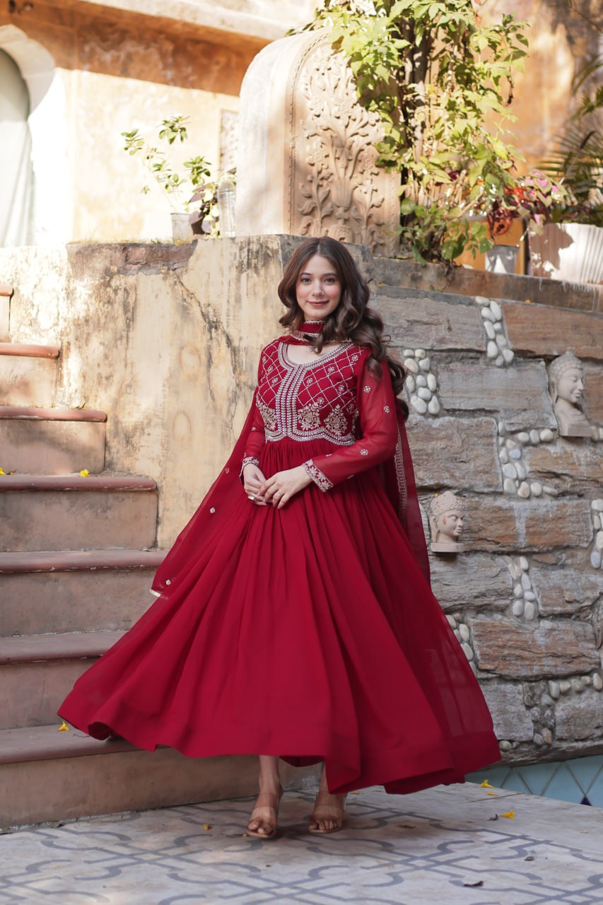 Maroon Designer Faux Blooming Gown with Sequins & Beads Embroidery