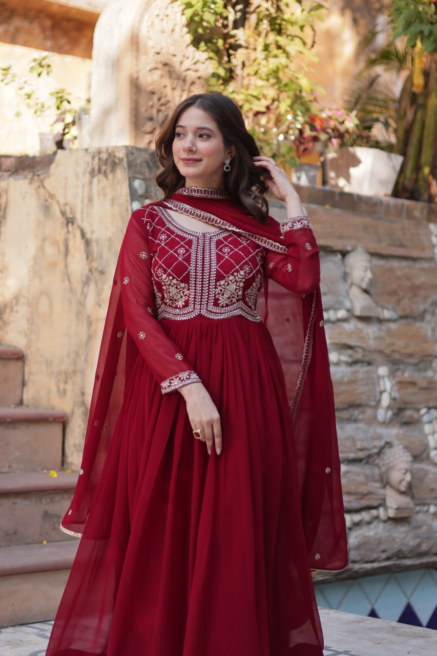 Maroon Designer Faux Blooming Gown with Sequins & Beads Embroidery