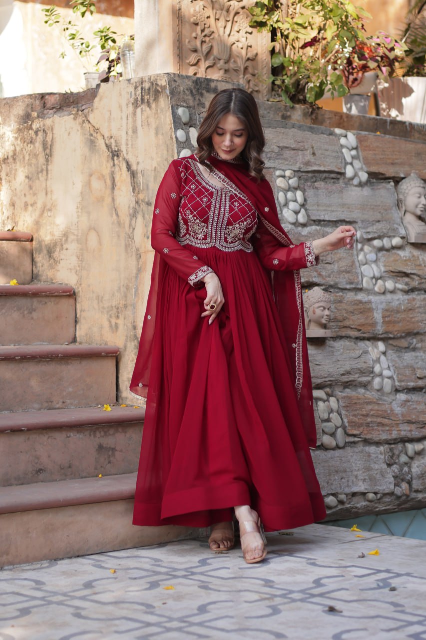 Maroon Designer Faux Blooming Gown with Sequins & Beads Embroidery