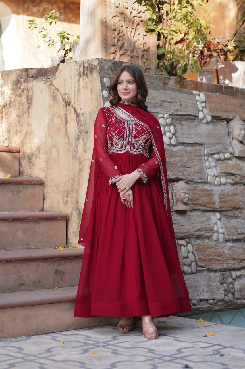 Maroon Designer Faux Blooming Gown with Sequins & Beads Embroidery