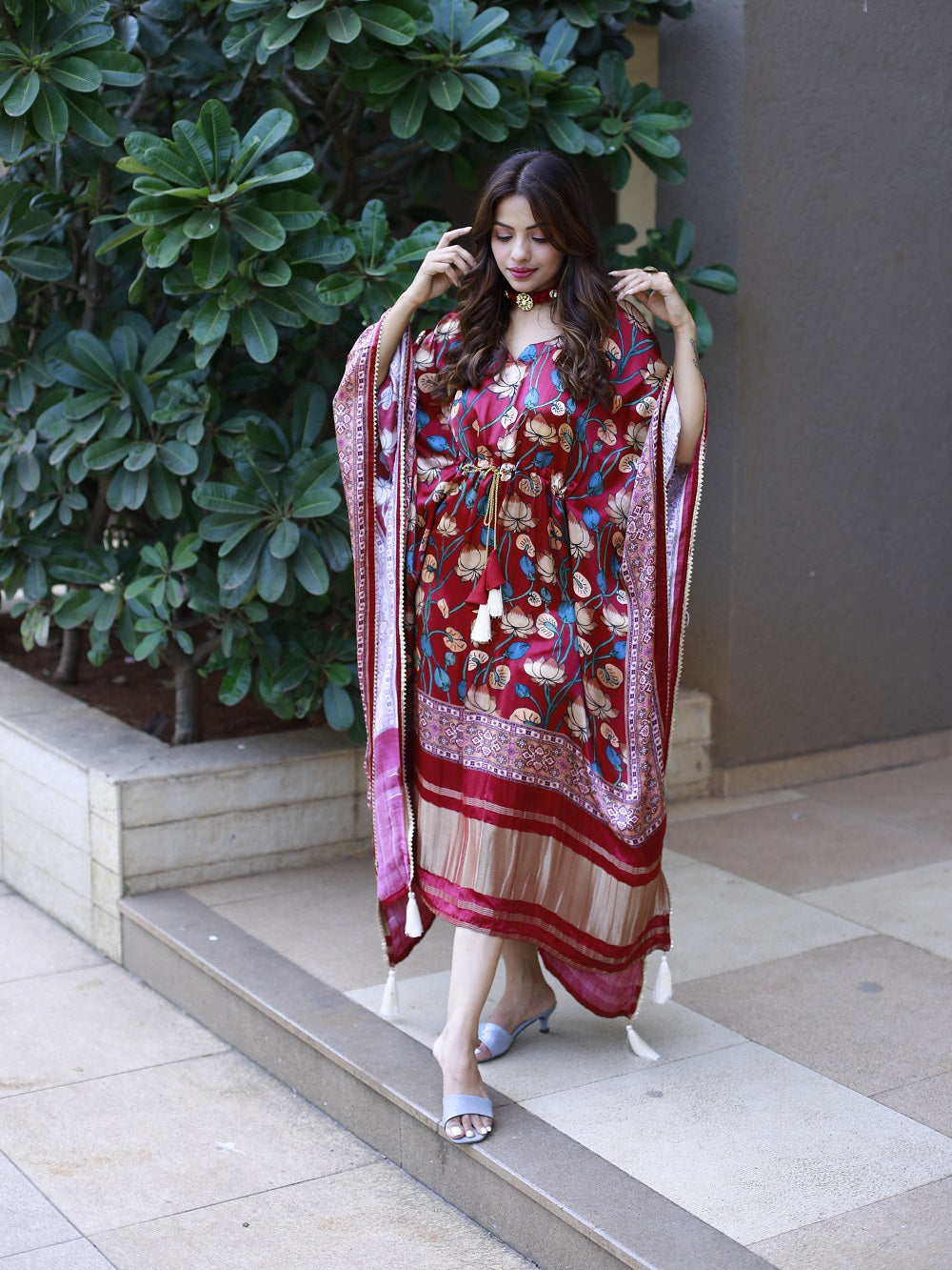 Maroon Color Digital Printed Pure Gaji Silk Kaftan