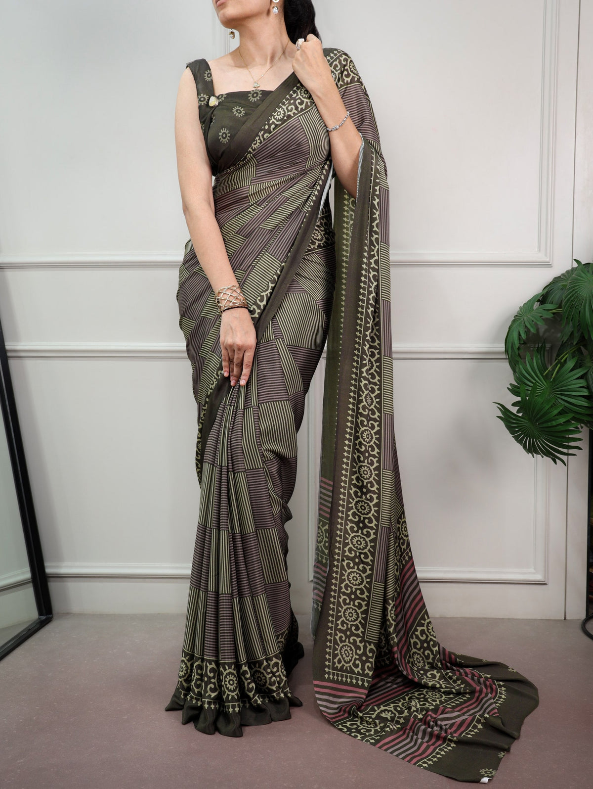 Mehendi Printed Satin Silk Saree