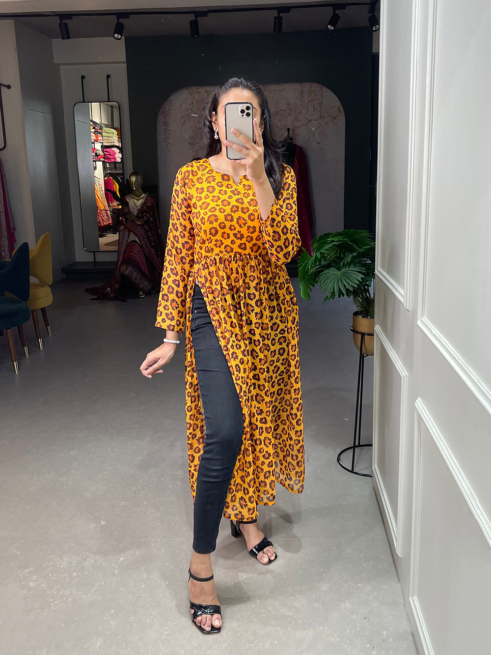 Mustard Color Animal Print Chiffon Kurti