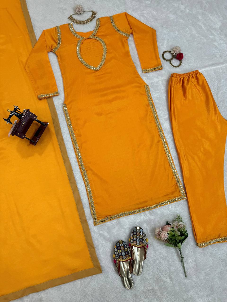 Mustard Elegant Chinon Silk Suit Set