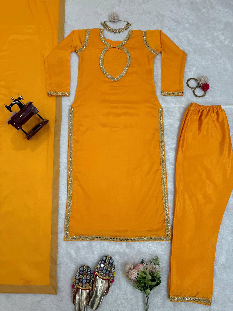 Mustard Elegant Chinon Silk Suit Set