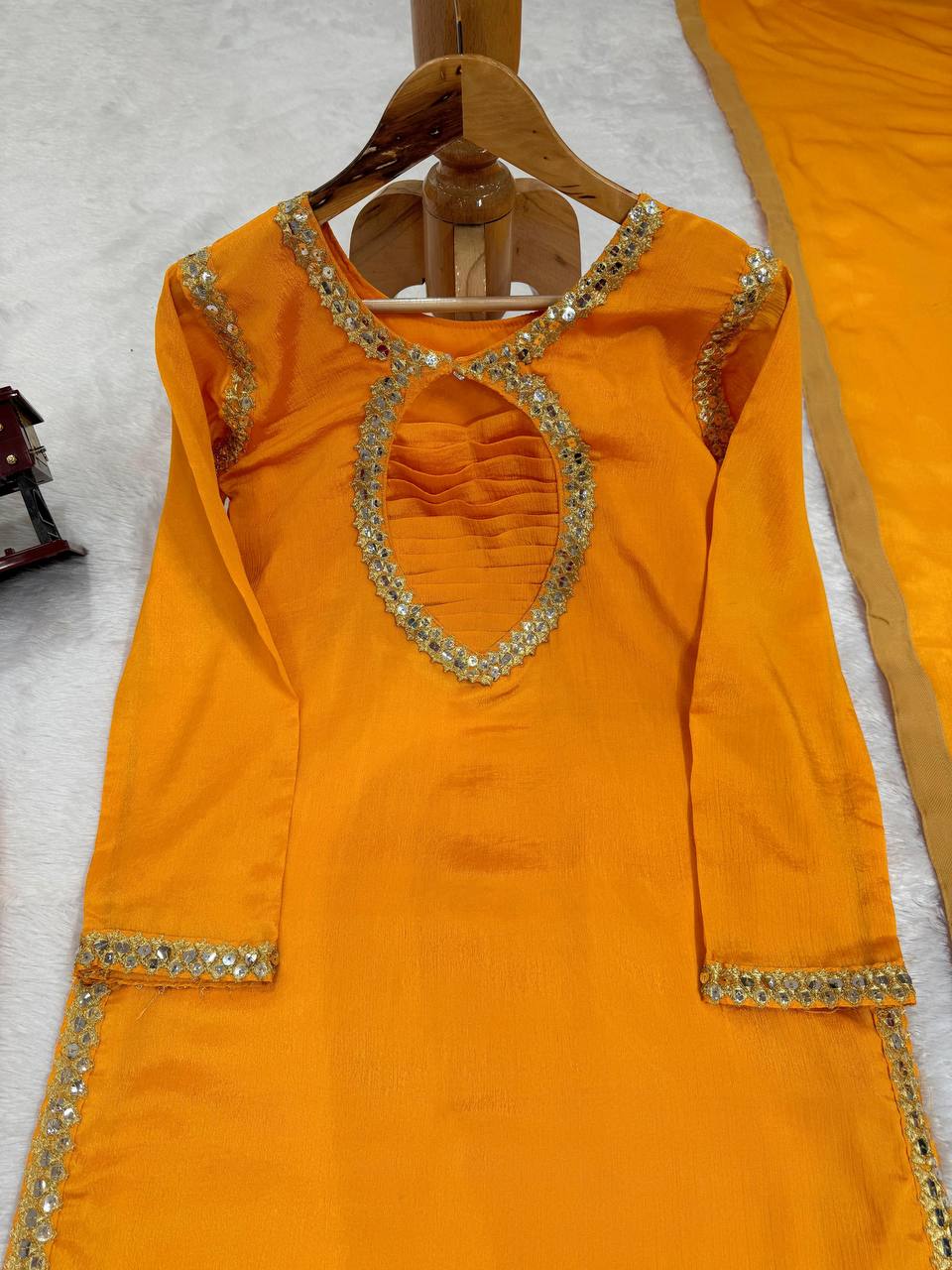 Mustard Elegant Chinon Silk Suit Set