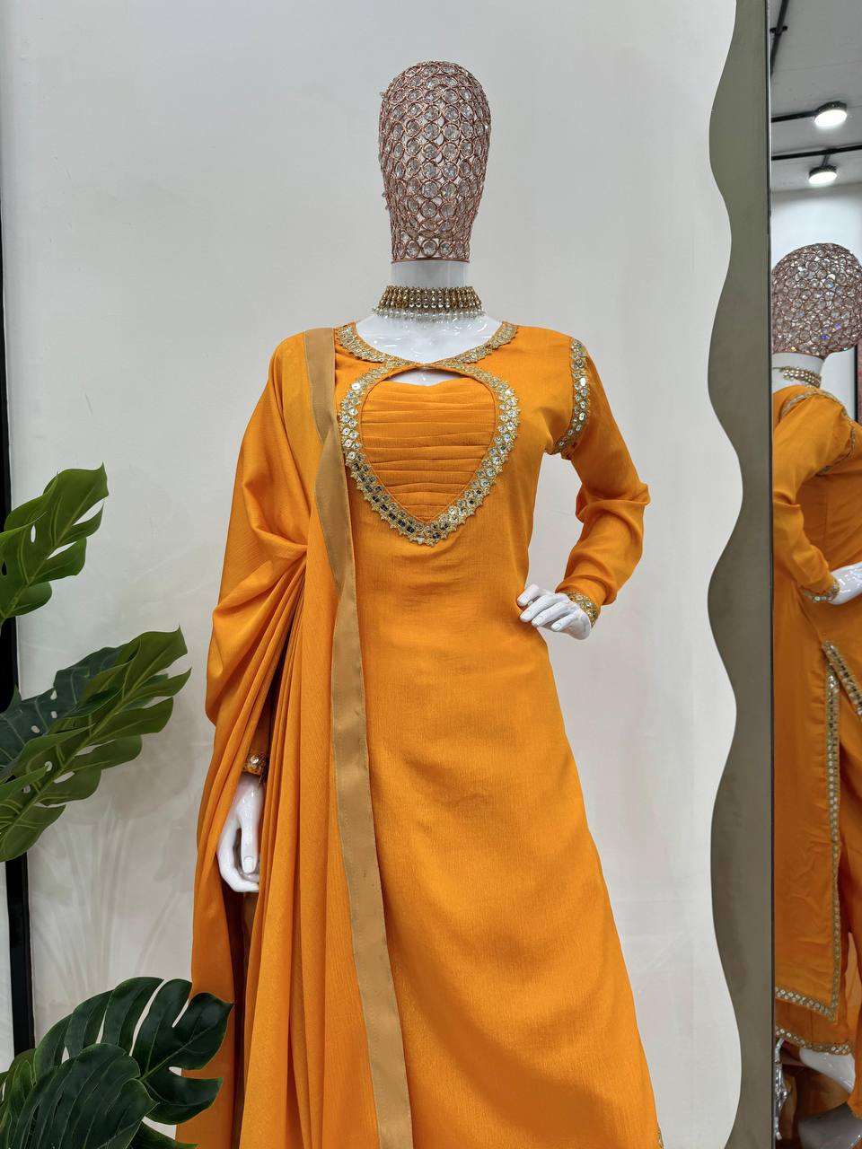 Mustard Elegant Chinon Silk Suit Set