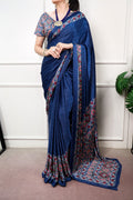 Navy Blue Ajrakh Print Satin Saree
