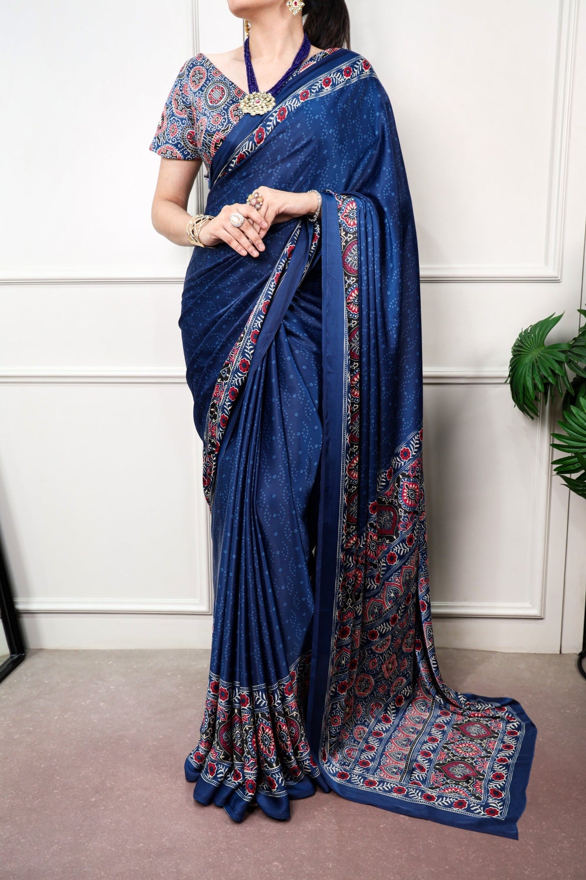 Navy Blue Ajrakh Print Satin Saree