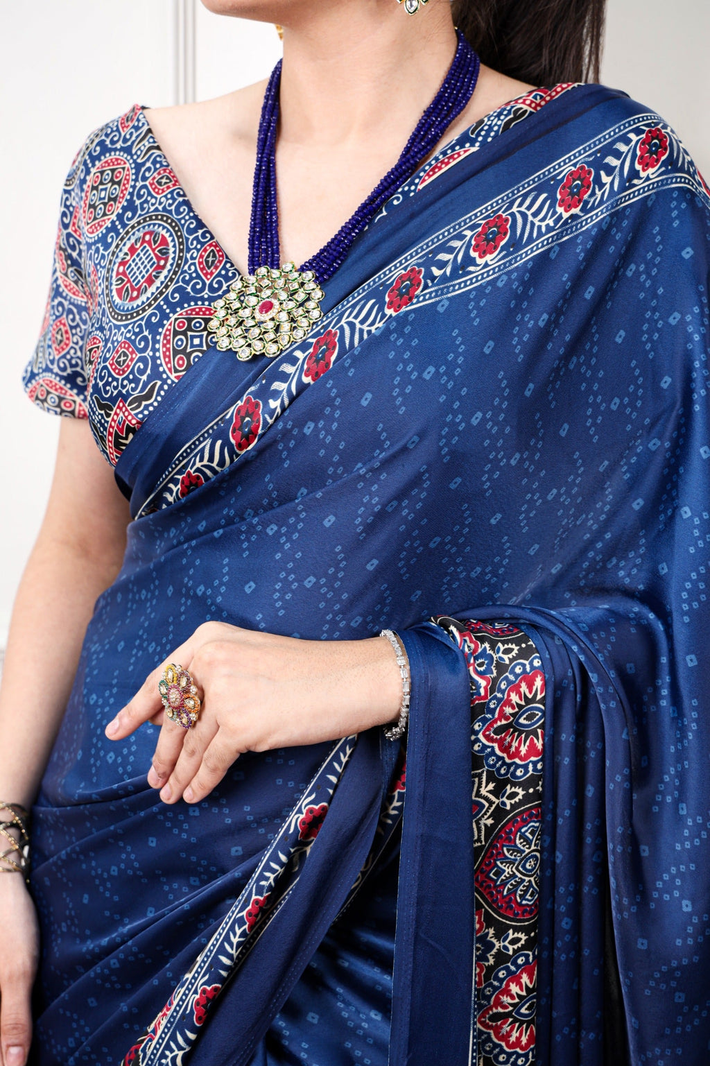 Navy Blue Ajrakh Print Satin Saree