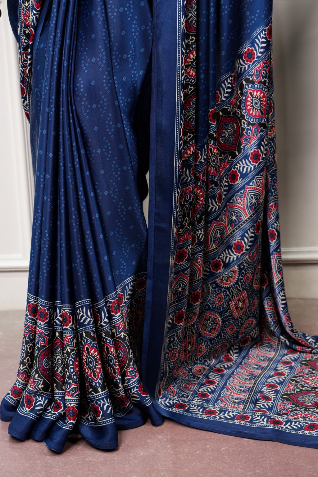 Navy Blue Ajrakh Print Satin Saree